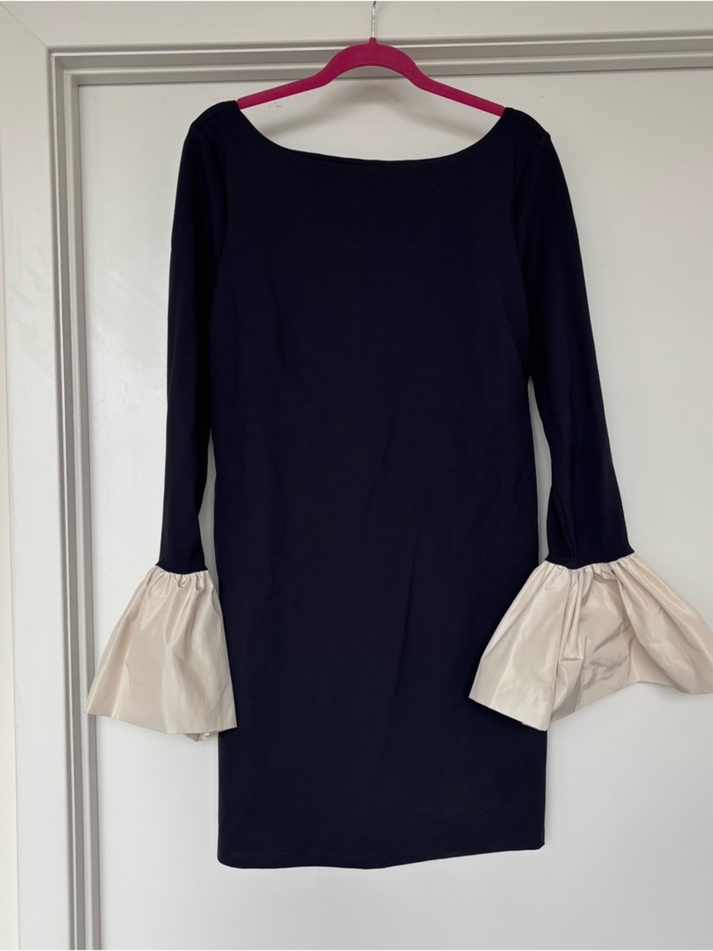 STAUD Hawthorne Navy Mini Dress with Cream Ruffle sleeve